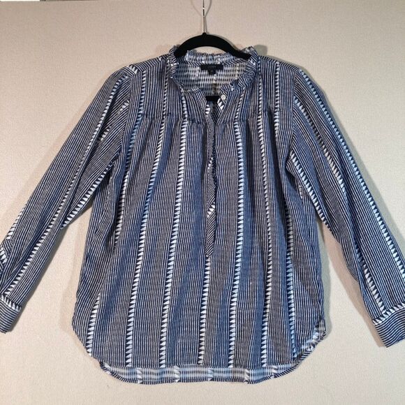 J Crew Blouse XS Navy Re-Imagined Ruffle Neck Button Up Stripe Geometric Design - Picture 1 of 11